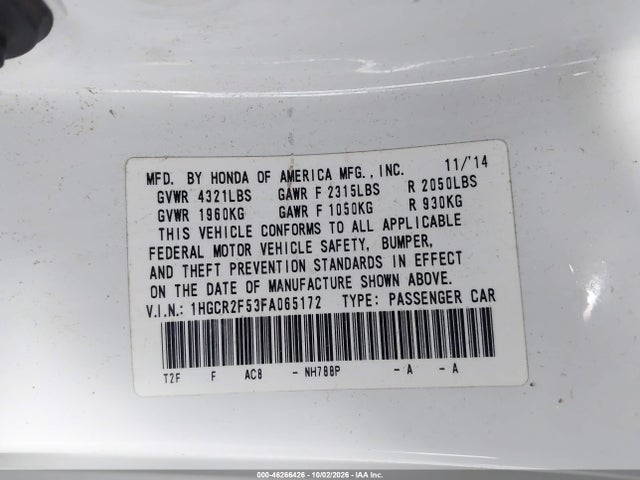 Продаж на аукціоні авто 2015 Honda Accord Sport, vin: 1HGCR2F53FA065172, номер лоту: 46266426