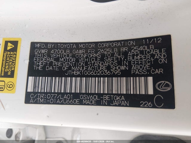 46266430 :رقم المزاد ، JTHBK1GG6D2036795 vin ، 2013 Lexus Es 350 مزاد بيع