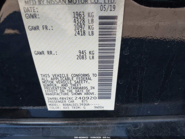 2019 Nissan Altima 2.5 S მანქანა იყიდება აუქციონზე, vin: 1N4BL4BV2KC240920, აუქციონის ნომერი: 46266432