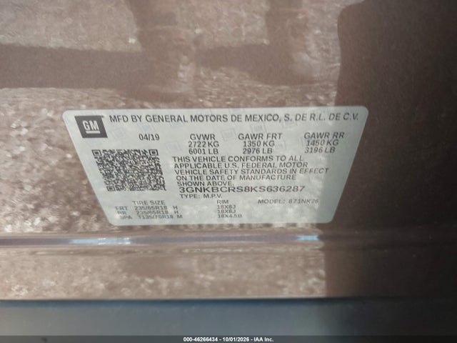 46266434 :رقم المزاد ، 3GNKBCRS8KS636287 vin ، 2019 Chevrolet Blazer مزاد بيع