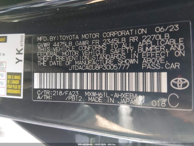 46266440 :رقم المزاد ، JTDACACU8P3005777 vin ، 2023 Toyota Prius Prime Se مزاد بيع