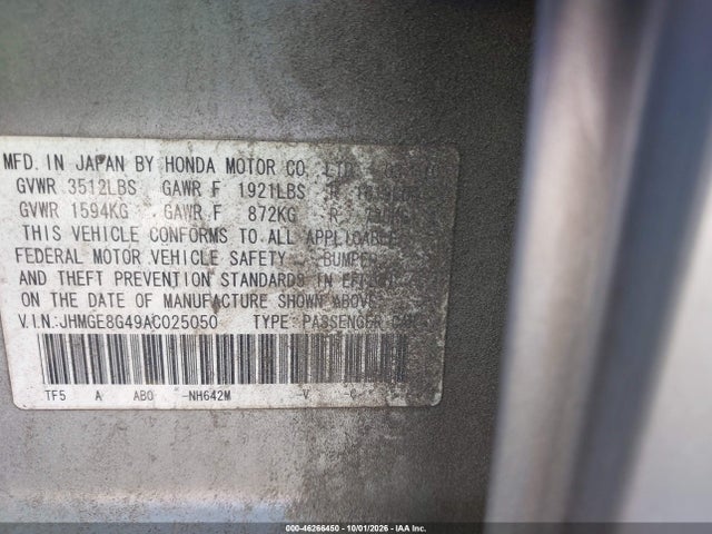 46266450 :رقم المزاد ، JHMGE8G49AC025050 vin ، 2010 Honda Fit Sport مزاد بيع