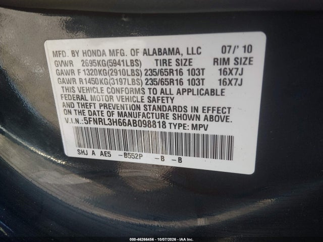 Продажа на аукционе авто 2010 Honda Odyssey Ex-l, vin: 5FNRL3H66AB098818, номер лота: 46266456