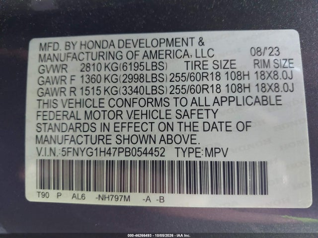 Продаж на аукціоні авто 2023 Honda Pilot Awd Ex-l 8 Passenger, vin: 5FNYG1H47PB054452, номер лоту: 46266493