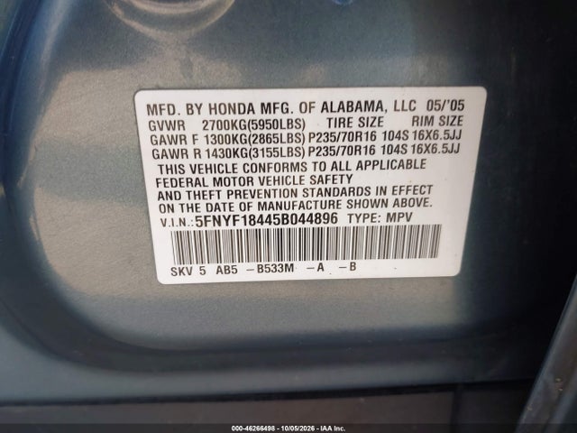 46266498 :رقم المزاد ، 5FNYF18445B044896 vin ، 2005 Honda Pilot Ex مزاد بيع