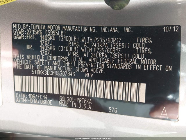 Aukcja sprzedaży 2013 Toyota Sienna Le V6 8 Passenger, vin: 5TDKK3DC6DS307846, numer aukcji: 46266499