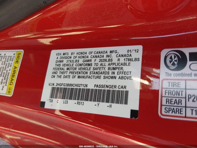 Продажа на аукционе авто 2012 Honda Civic Ex, vin: 2HGFG3B89CH527126, номер лота: 46266523
