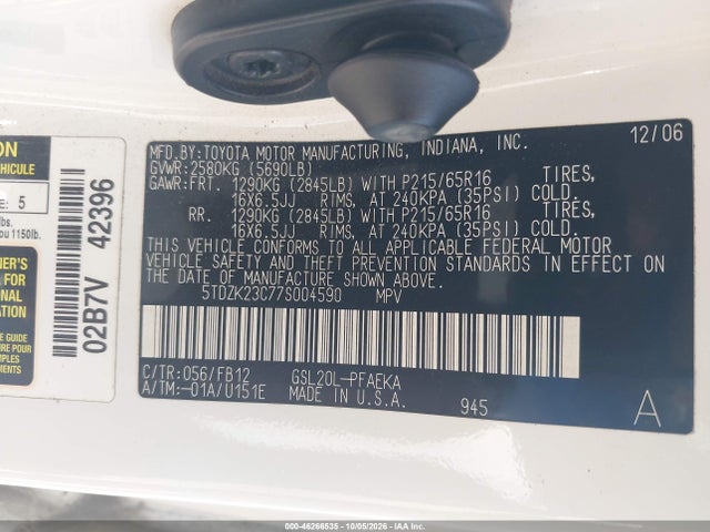 Aukcja sprzedaży 2007 Toyota Sienna Ce, vin: 5TDZK23C77S004590, numer aukcji: 46266535
