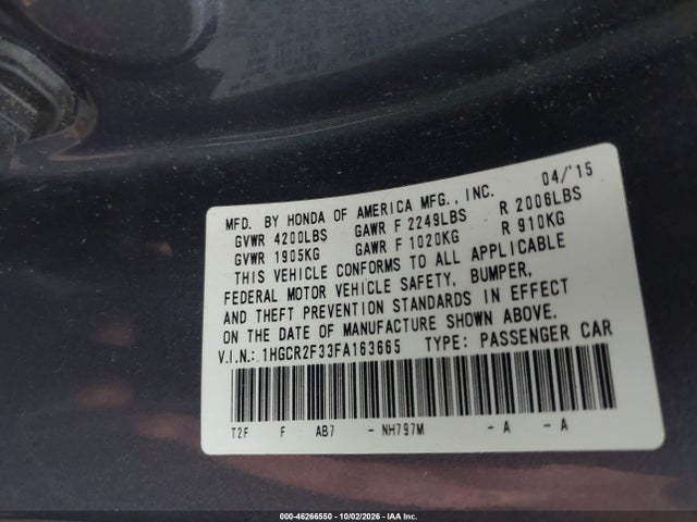 Aukcja sprzedaży 2015 Honda Accord Lx, vin: 1HGCR2F33FA163665, numer aukcji: 46266550