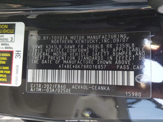 Aukcja sprzedaży 2008 Toyota Camry, vin: 4T4BE46K78R016857, numer aukcji: 46266560