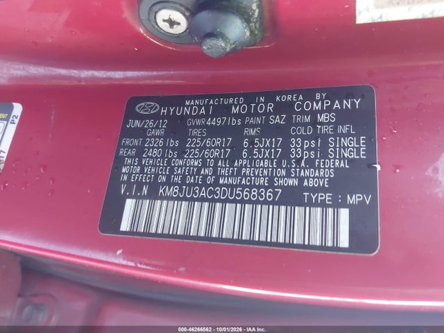 46266562 :رقم المزاد ، KM8JU3AC3DU568367 vin ، 2013 Hyundai Tucson Gls مزاد بيع
