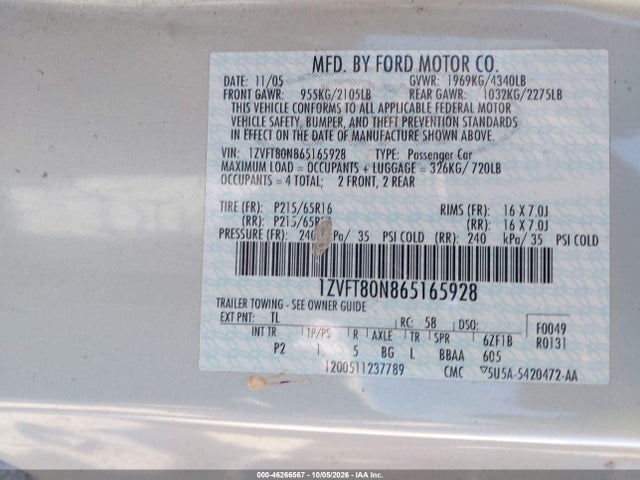Aukcja sprzedaży 2006 Ford Mustang V6, vin: 1ZVFT80N865165928, numer aukcji: 46266567