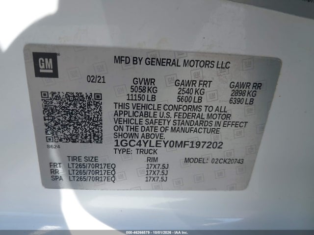 2021 Chevrolet Silverado 2500hd 4wd  Standard Bed Wt მანქანა იყიდება აუქციონზე, vin: 1GC4YLEY0MF197202, აუქციონის ნომერი: 46266579