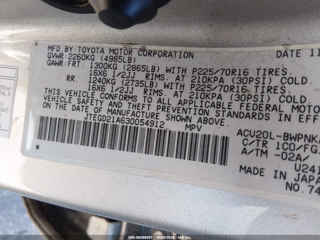 Aukcja sprzedaży 2003 Toyota Highlander, vin: JTEGD21A630054912, numer aukcji: 46266597