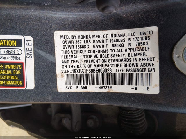 Продаж на аукціоні авто 2011 Honda Civic Vp, vin: 19XFA1F39BE009028, номер лоту: 46266600