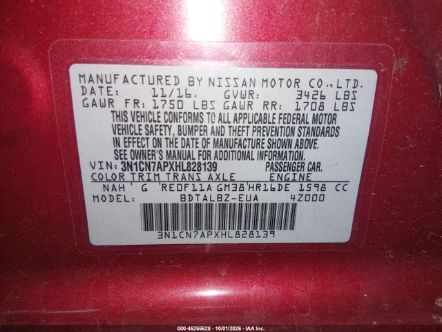Auction sale of the 2017 Nissan Versa 1.6 Sv, vin: 3N1CN7APXHL828139, lot number: 46266628