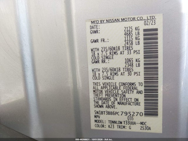 46266631 :رقم المزاد ، 5N1BT3BB6PC795270 vin ، 2023 Nissan Rogue Sv Intelligent Awd مزاد بيع