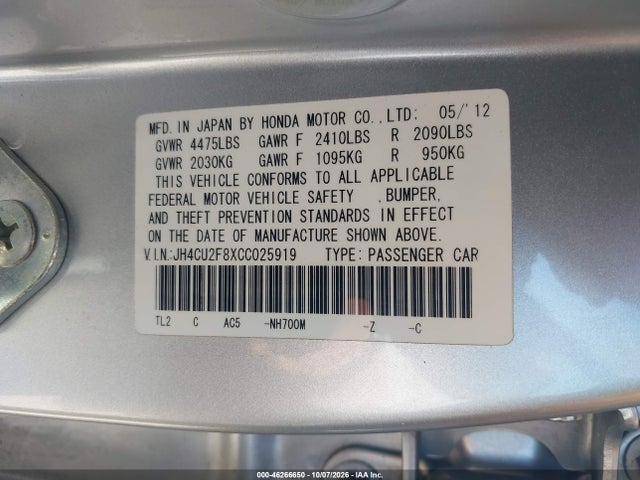 46266650 :رقم المزاد ، JH4CU2F8XCC025919 vin ، 2012 Acura Tsx 2.4 مزاد بيع