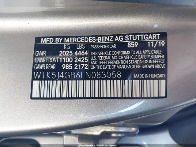 2020 Mercedes-benz Cla 250 მანქანა იყიდება აუქციონზე, vin: W1K5J4GB6LN083058, აუქციონის ნომერი: 46266666