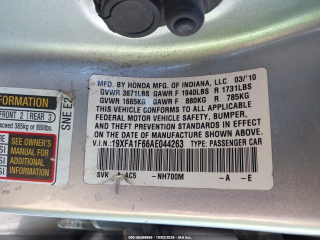 Aukcja sprzedaży 2010 Honda Civic Lx-s, vin: 19XFA1F66AE044263, numer aukcji: 46266668