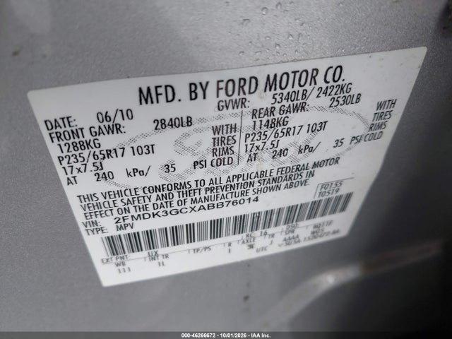 Aukcja sprzedaży 2010 Ford Edge Se, vin: 2FMDK3GCXABB76014, numer aukcji: 46266672