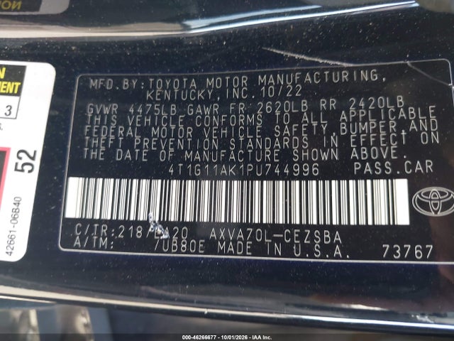 46266677 :رقم المزاد ، 4T1G11AK1PU744996 vin ، 2023 Toyota Camry Se مزاد بيع