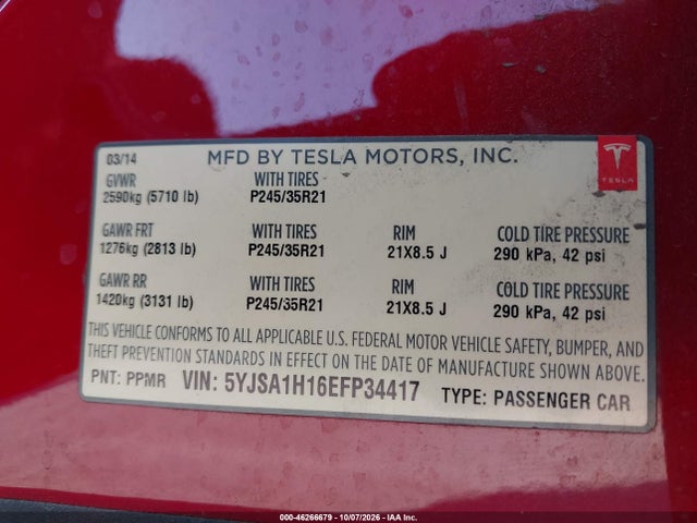 Aukcja sprzedaży 2014 Tesla Model S P85, vin: 5YJSA1H16EFP34417, numer aukcji: 46266679
