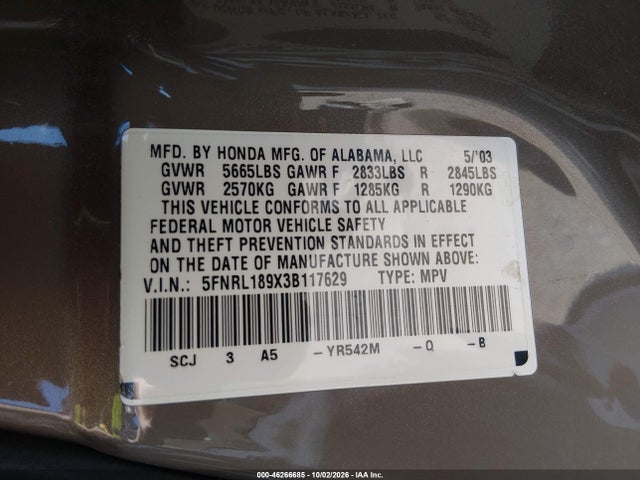 Aukcja sprzedaży 2003 Honda Odyssey Ex-l, vin: 5FNRL189X3B117629, numer aukcji: 46266685