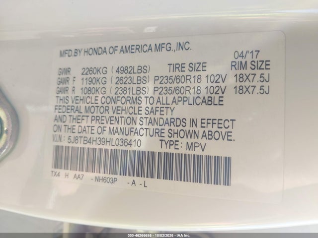 2017 Acura Rdx Acurawatch Plus Package მანქანა იყიდება აუქციონზე, vin: 5J8TB4H39HL036410, აუქციონის ნომერი: 46266686