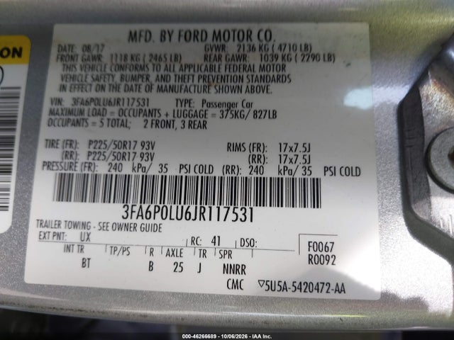 2018 Ford Fusion Hybrid Se მანქანა იყიდება აუქციონზე, vin: 3FA6P0LU6JR117531, აუქციონის ნომერი: 46266689