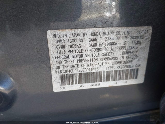Продаж на аукціоні авто 2007 Acura Tsx, vin: JH4CL96837C016416, номер лоту: 46266699