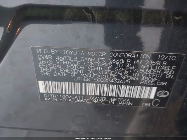 Aukcja sprzedaży 2011 Lexus Es 350, vin: JTHBK1EG0B2432625, numer aukcji: 46266700