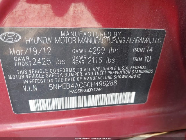 Продаж на аукціоні авто 2012 Hyundai Sonata Gls, vin: 5NPEB4AC5CH496288, номер лоту: 46266705