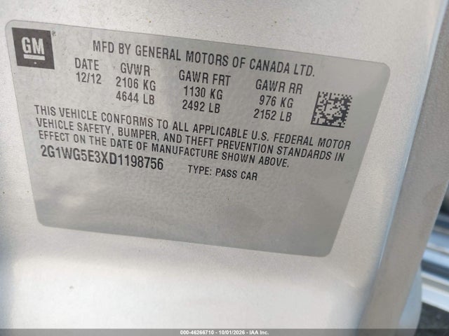 Aukcja sprzedaży 2013 Chevrolet Impala Lt, vin: 2G1WG5E3XD1198756, numer aukcji: 46266710