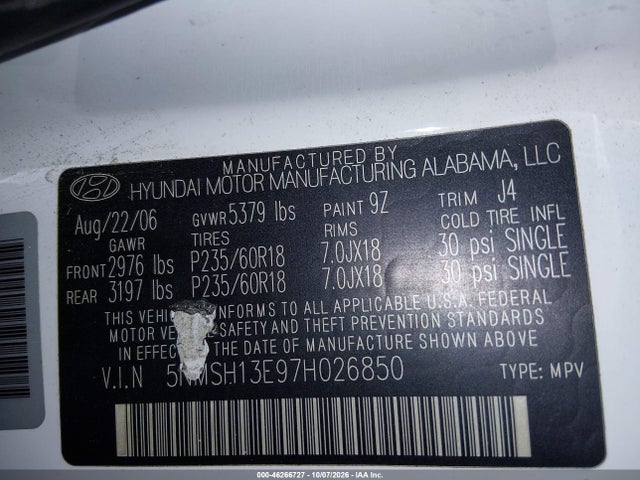 Продаж на аукціоні авто 2007 Hyundai Santa Fe Limited/se, vin: 5NMSH13E97H026850, номер лоту: 46266727