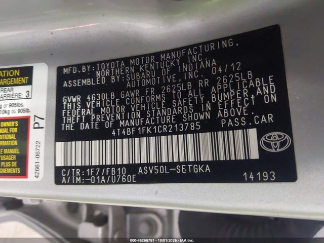 Aukcja sprzedaży 2012 Toyota Camry Xle, vin: 4T4BF1FK1CR213785, numer aukcji: 46266751