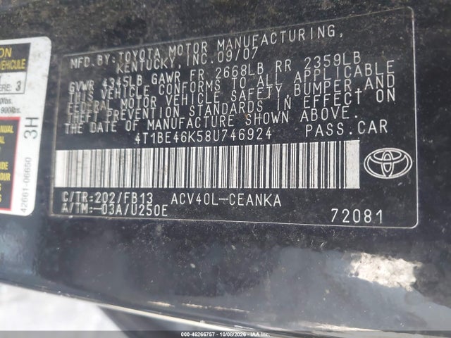 Продажа на аукционе авто 2008 Toyota Camry Le, vin: 4T1BE46K58U746924, номер лота: 46266757