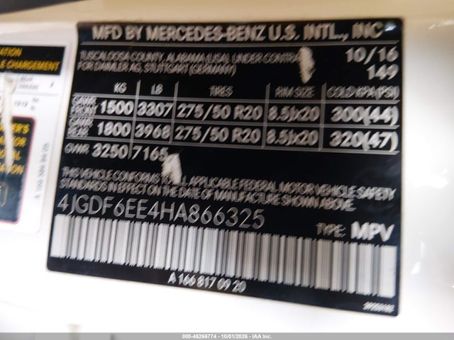 Продажа на аукционе авто 2017 Mercedes-benz Gls 450 4matic, vin: 4JGDF6EE4HA866325, номер лота: 46266774