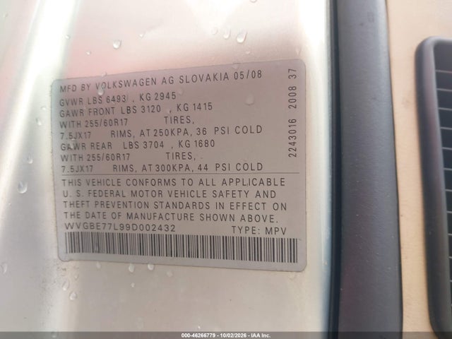 46266779 :رقم المزاد ، WVGBE77L99D002432 vin ، 2009 Volkswagen Touareg 2 Vr6 Fsi مزاد بيع