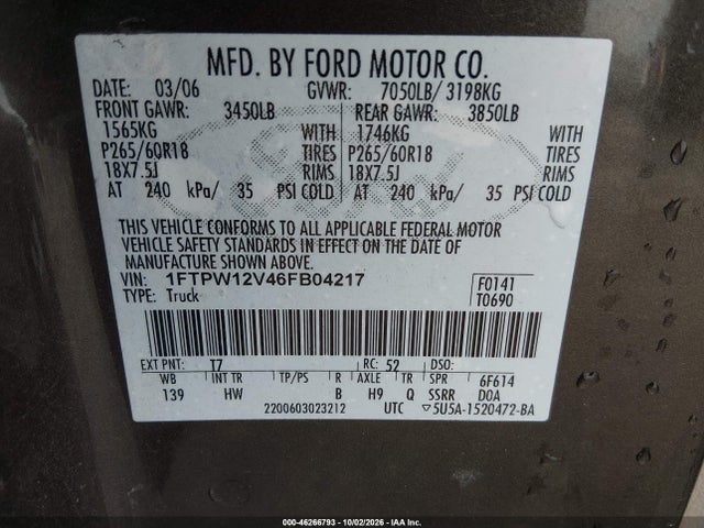 Aukcja sprzedaży 2006 Ford F-150 Lariat/xlt, vin: 1FTPW12V46FB04217, numer aukcji: 46266793