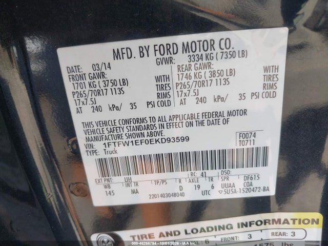 Aukcja sprzedaży 2014 Ford F-150 Xlt, vin: 1FTFW1EF0EKD93599, numer aukcji: 46266794