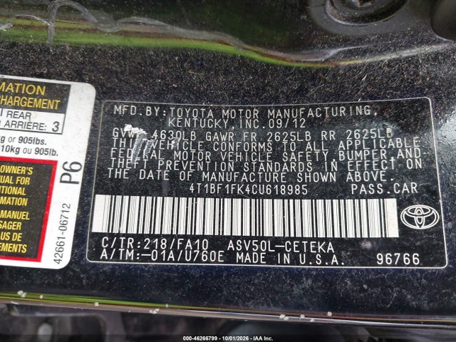 Продажа на аукционе авто 2012 Toyota Camry L, vin: 4T1BF1FK4CU618985, номер лота: 46266799