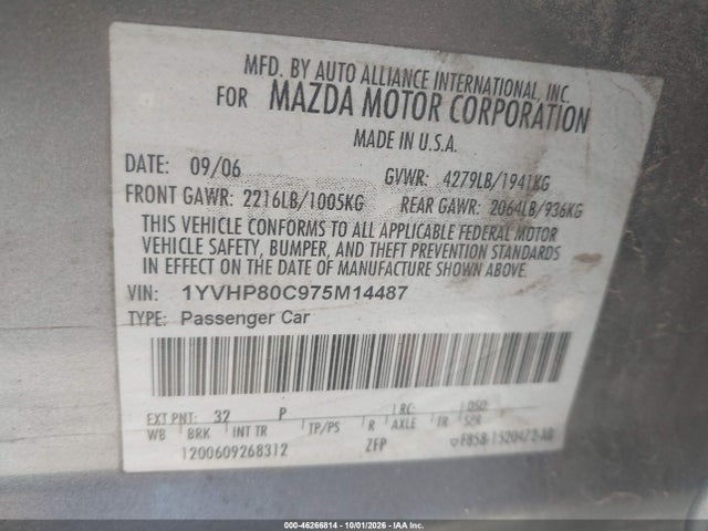 46266814 :رقم المزاد ، 1YVHP80C975M14487 vin ، 2007 Mazda Mazda6 I Sport Ve مزاد بيع