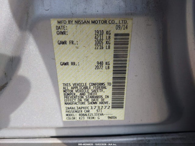 46266828 :رقم المزاد ، 1N4AL3APXFC173272 vin ، 2015 Nissan Altima 2.5 S مزاد بيع