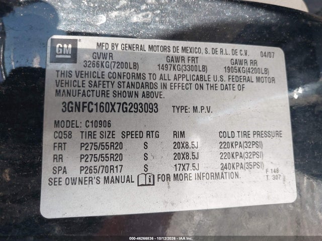 Aukcja sprzedaży 2007 Chevrolet Suburban 1500 Ltz, vin: 3GNFC160X7G293093, numer aukcji: 46266836