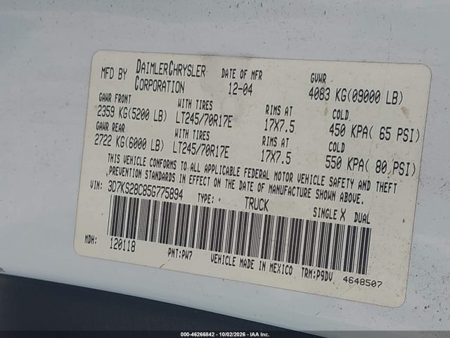 Продажа на аукционе авто 2005 Dodge Ram 2500 St, vin: 3D7KS28C85G775894, номер лота: 46266842