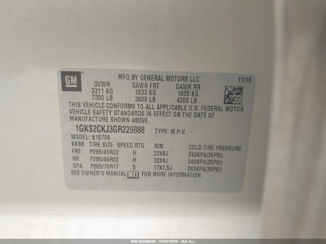 Продаж на аукціоні авто 2016 Gmc Yukon Denali, vin: 1GKS2CKJ3GR229888, номер лоту: 46266846