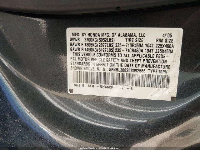 2005 Honda Odyssey Touring მანქანა იყიდება აუქციონზე, vin: 5FNRL38825B092666, აუქციონის ნომერი: 46266864