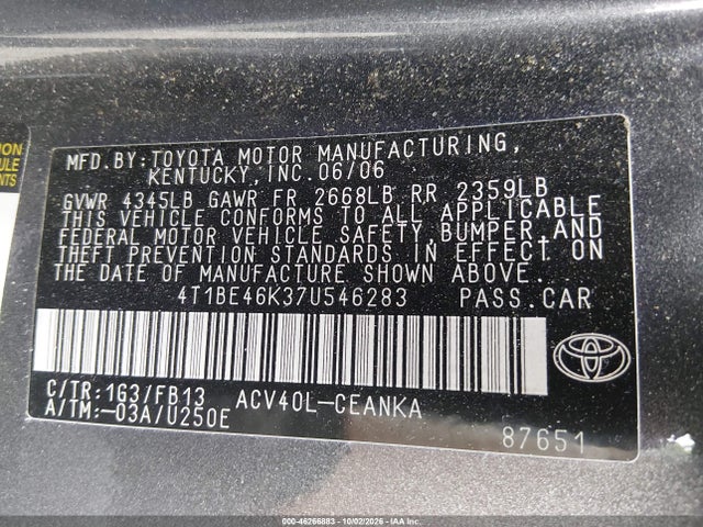 Продажа на аукционе авто 2007 Toyota Camry Le, vin: 4T1BE46K37U546283, номер лота: 46266883