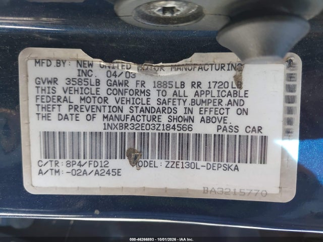 Aukcja sprzedaży 2003 Toyota Corolla S, vin: 1NXBR32E03Z184566, numer aukcji: 46266893